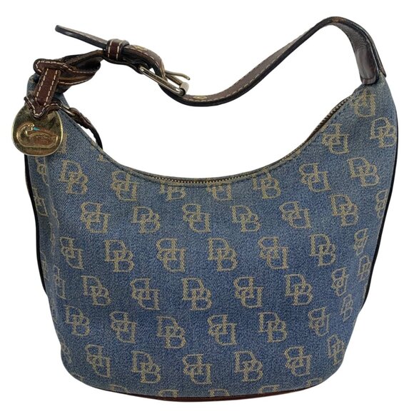 Dooney Bourke Blue Denim Jeans DB Logo Brown Leather Mini Hobo Bag Vintage Y2K - Picture 1 of 16